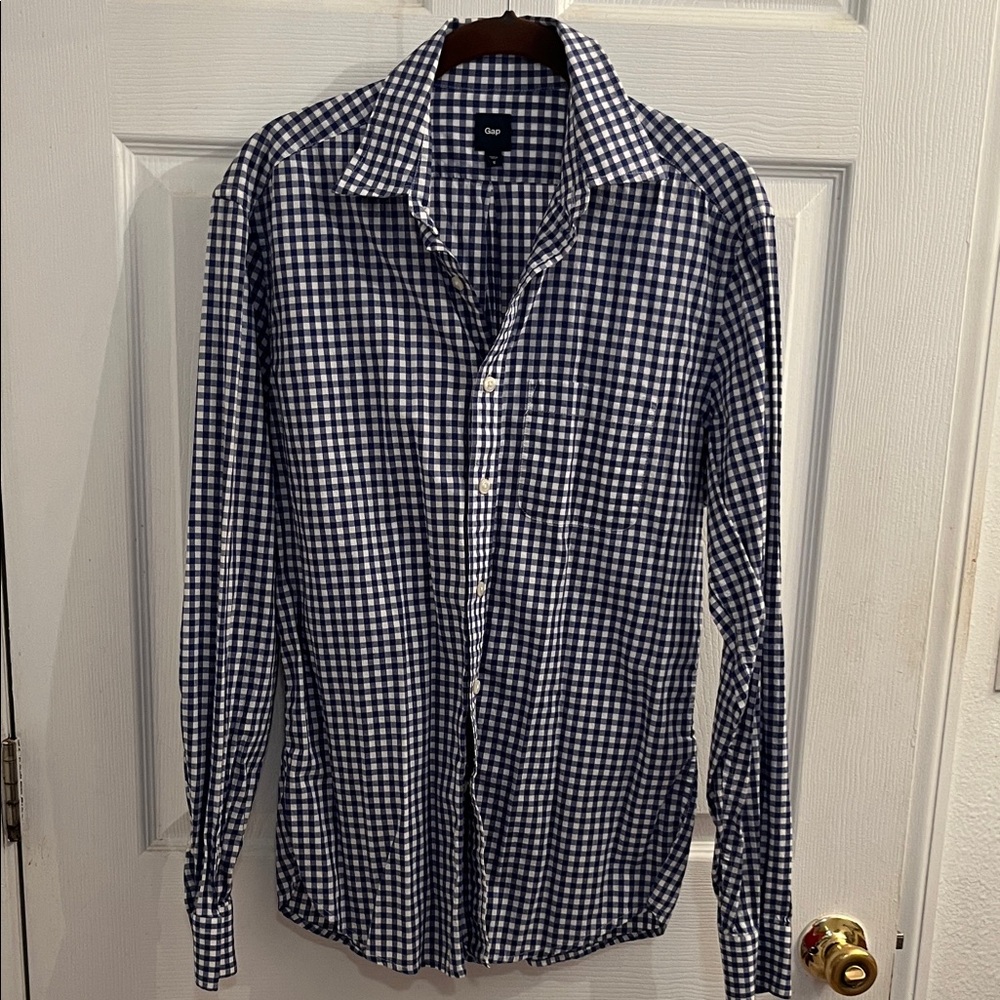 GAP Men's Navy and White Gingham Shirt